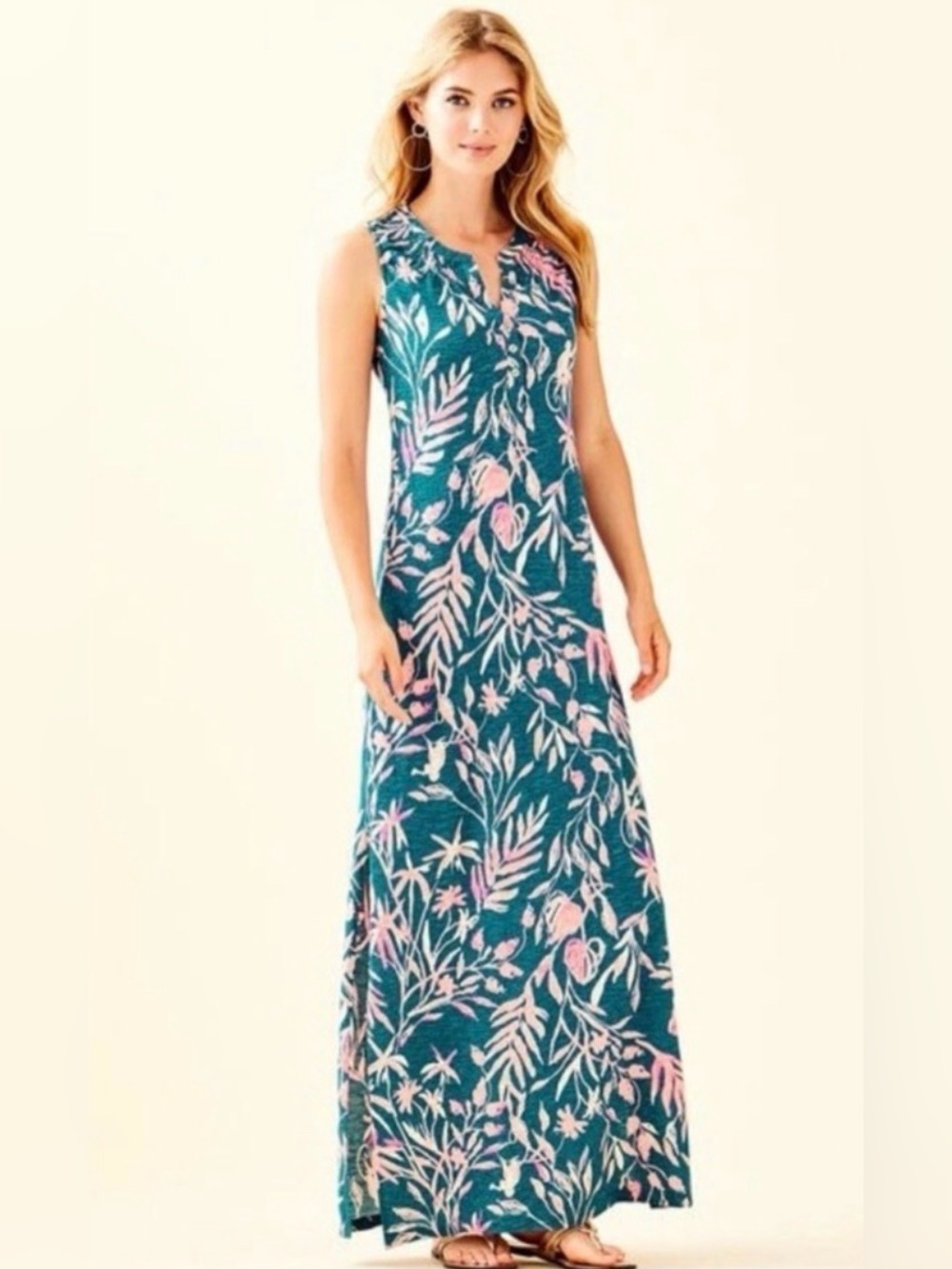 Lilly Pulitzer ESSIE MAXI DRESS Tidal Wave its Prime Time Pink Green Size Small